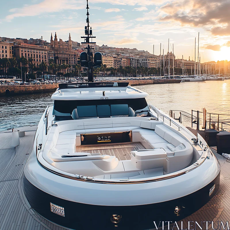 Elegant Yacht Docked Amidst Cityscape