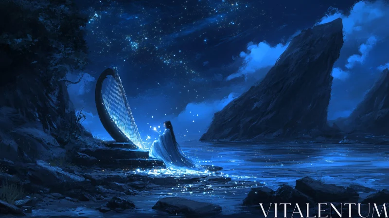 Celestial Harpist by the Moonlit Shore