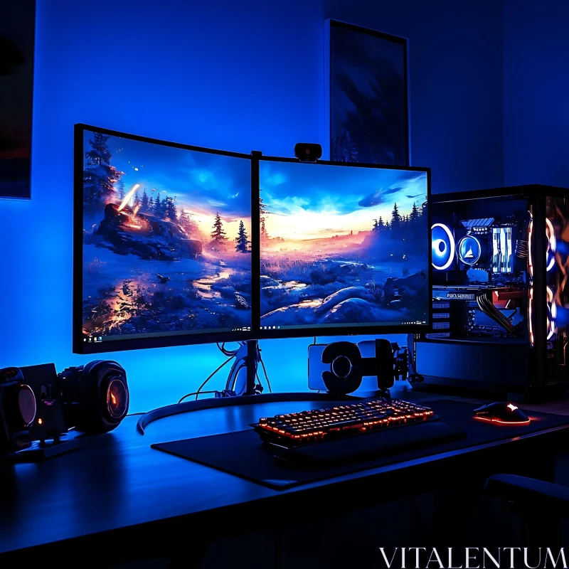 Modern Gaming Desk with Dual Screens and Blue Ambient Light