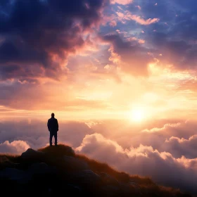 Silhouette Watching Sunset Over the Clouds