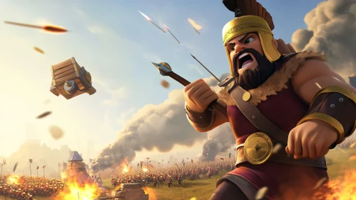 Stylized Warrior Amidst Battlefield Chaos