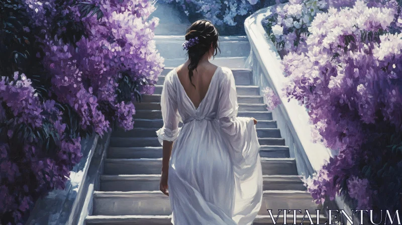 Lady on Stairs with Flowers Artwork