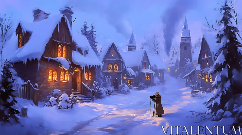 Snowy Village Scene with Photographer
