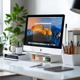 Stylish Workspace with Desktop Computer and Greenery