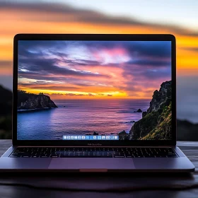 Laptop Showcasing Serene Sunset Over Ocean
