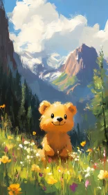Bear Cub Amidst Wildflowers in the Mountains