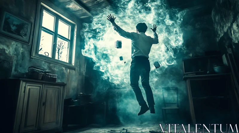 Man Levitating Surrounded by Books