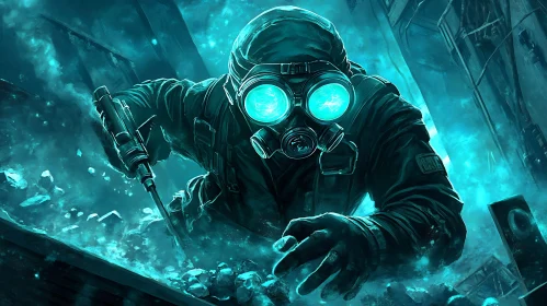 Gas Mask in Ruined Cityscape