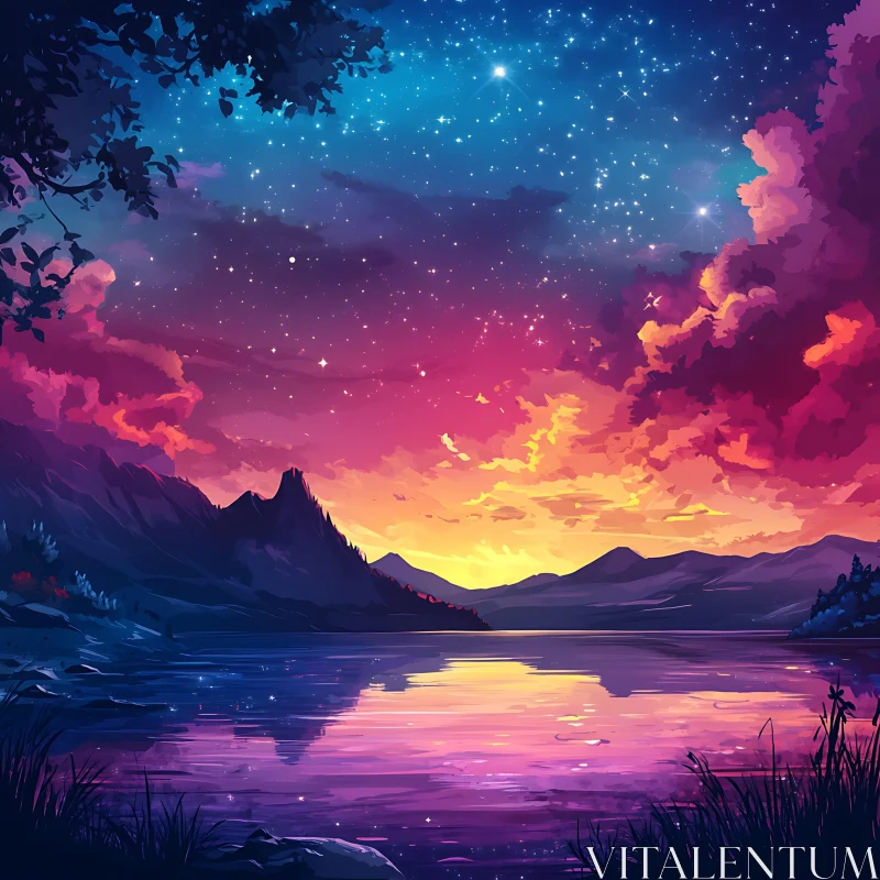 Sunset Lake Reflection Under Starry Sky
