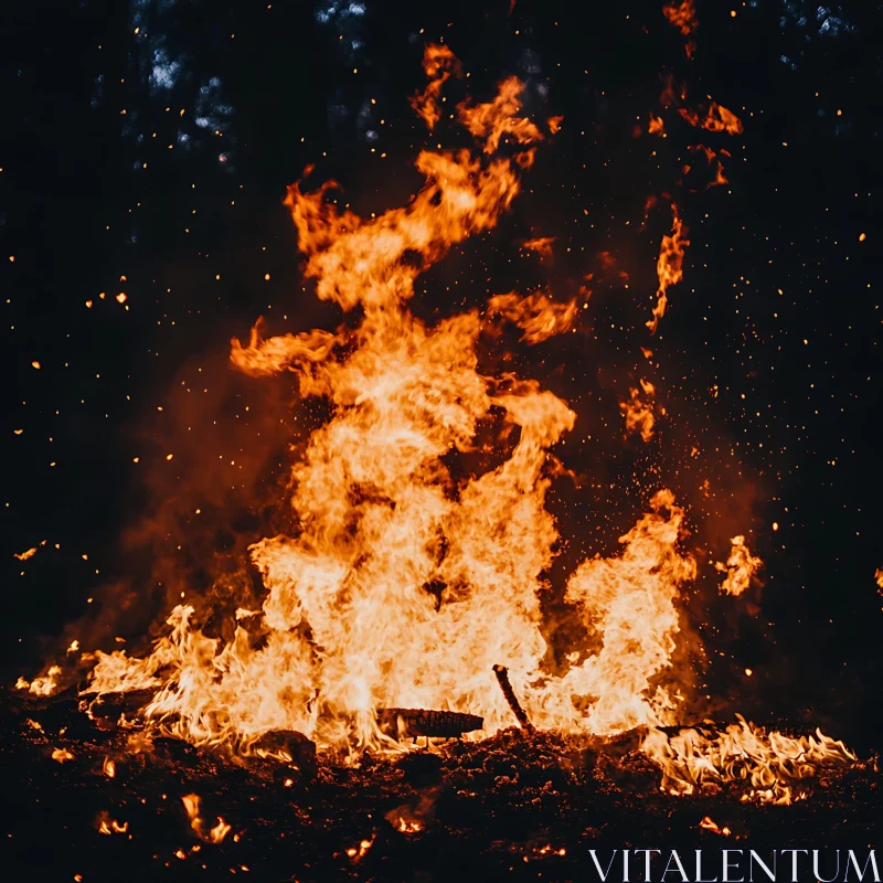 Intense Nighttime Blaze with Illuminated Embers