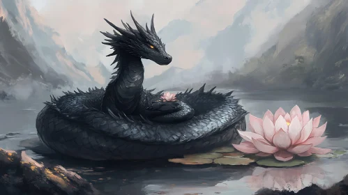 Dragon and Lotus in Misty Waters