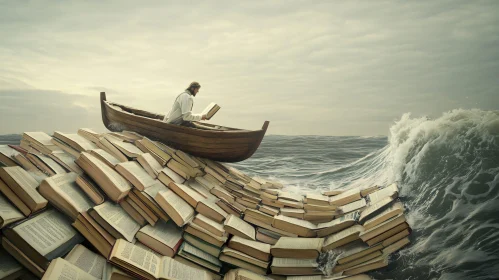 Literary Voyage: Man Reading on Book-Wave
