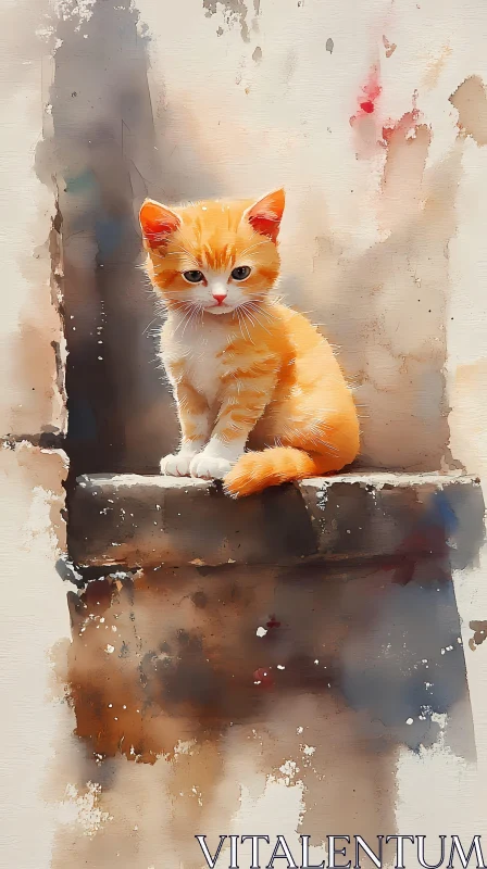 Watercolor Painting of a Fluffy Orange Kitten