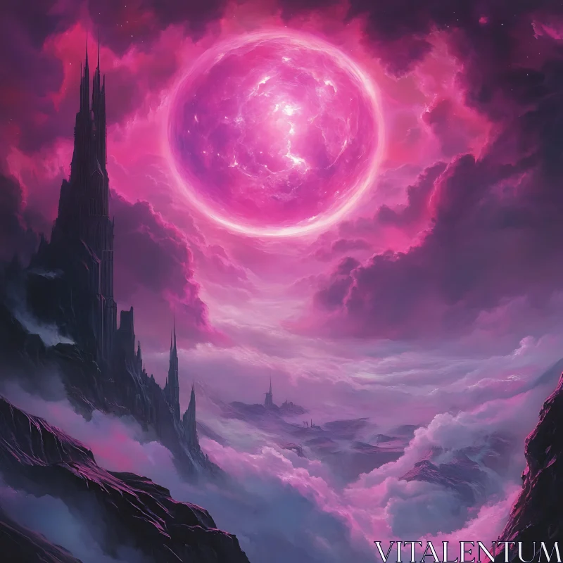Fantasy Landscape with Pink Moon and Castle