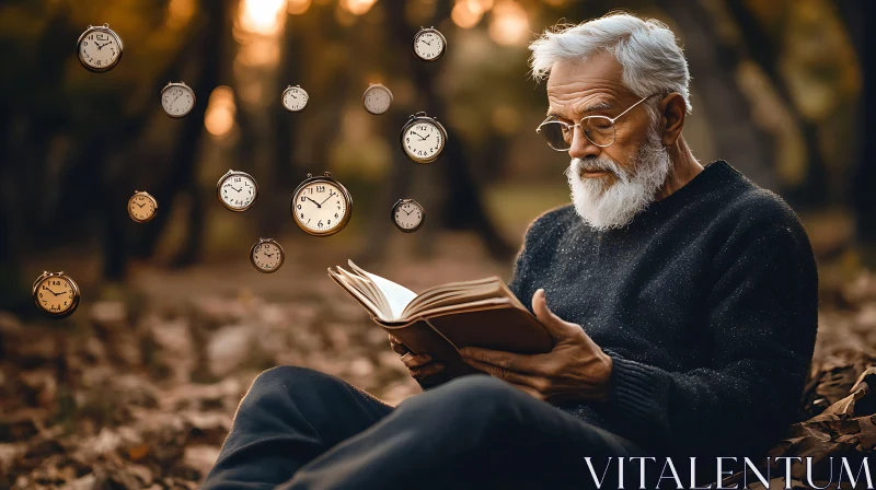 Man Reading Surrounded by Floating Clocks