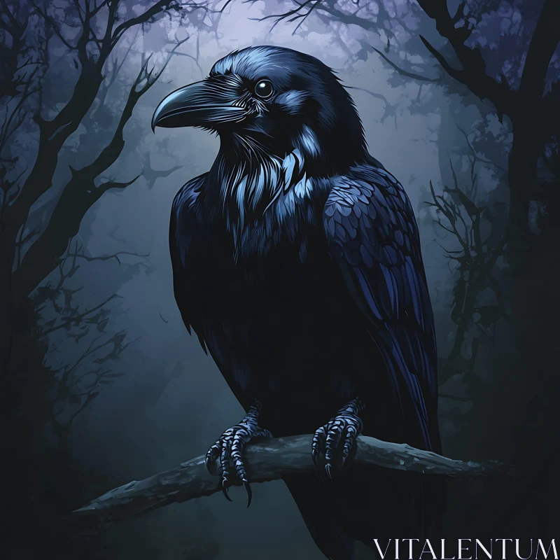 Midnight Raven Perched on Branch