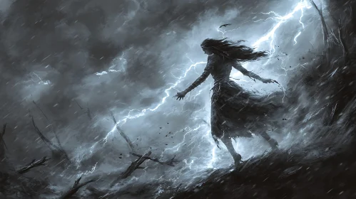 Ethereal Woman in Lightning Storm