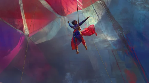Suspended Figure in Colorful Fabric
