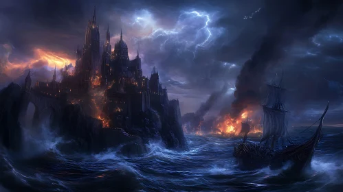 Castle Under Siege by Burning Ships