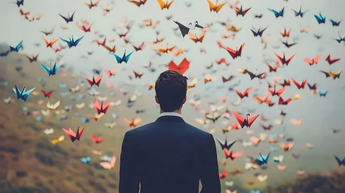 Colorful Origami Birds and Man in Suit