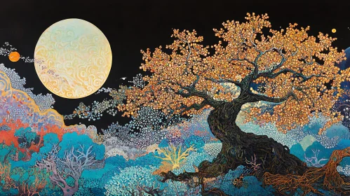 Enchanted Forest Under the Moonlit Sky Painting