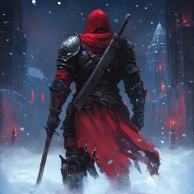 Red Hooded Warrior in Snowy City