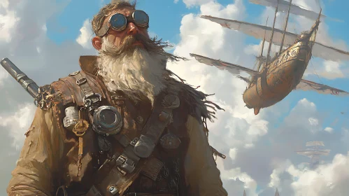 Goggled Man and Steampunk Airship Fleet