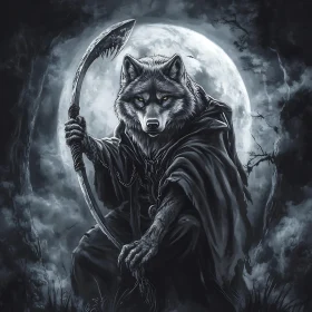 Eerie Wolf with Scythe in Moonlight