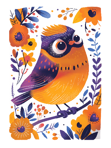Colorful Cartoon Bird on Floral Branch Vector Illustration