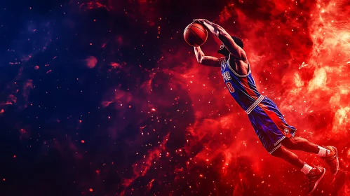 Athlete Scoring with Red and Blue Nebula
