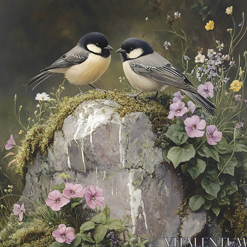 Two Birds Resting on Rock