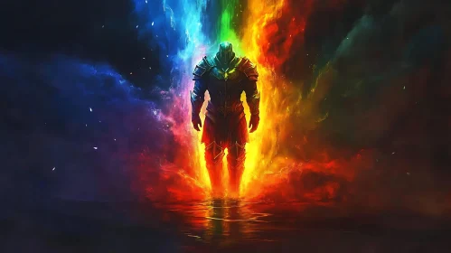 Armored Figure in Rainbow Vortex