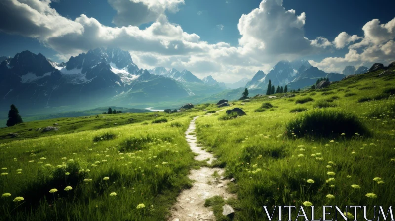 Enchanting Journey through a Lush Field and Majestic Mountains AI Image