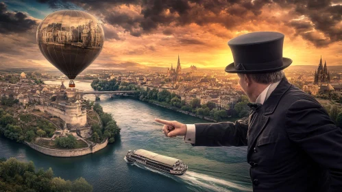 Man Points at Cityscape with Balloon
