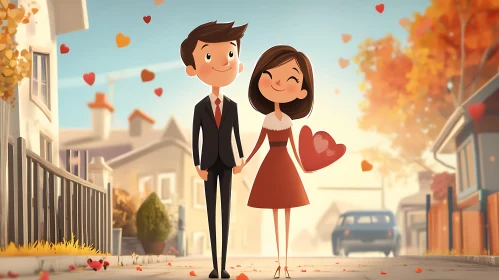 Romantic Cartoon Couple Walking Together