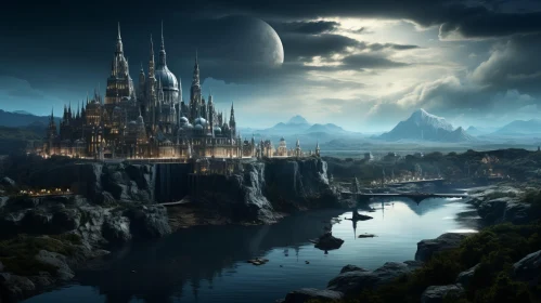 Fantasy Castle on Mountainside: A Fusion of Ancient and Futuristic Aesthetics