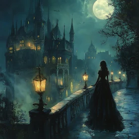 Nighttime Castle Scene with Figure
