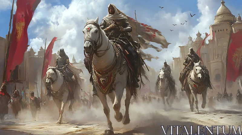Ancient Warriors on Horses in Cityscape