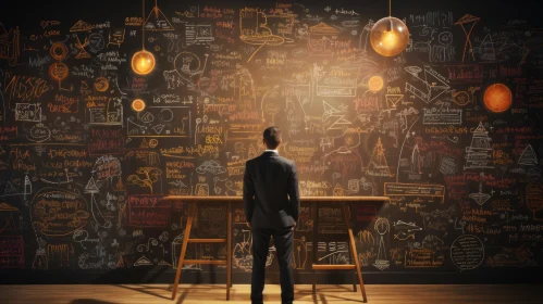Intricate Hand-Drawn Artwork: Man with Red Shirt Standing in Front of Black Board