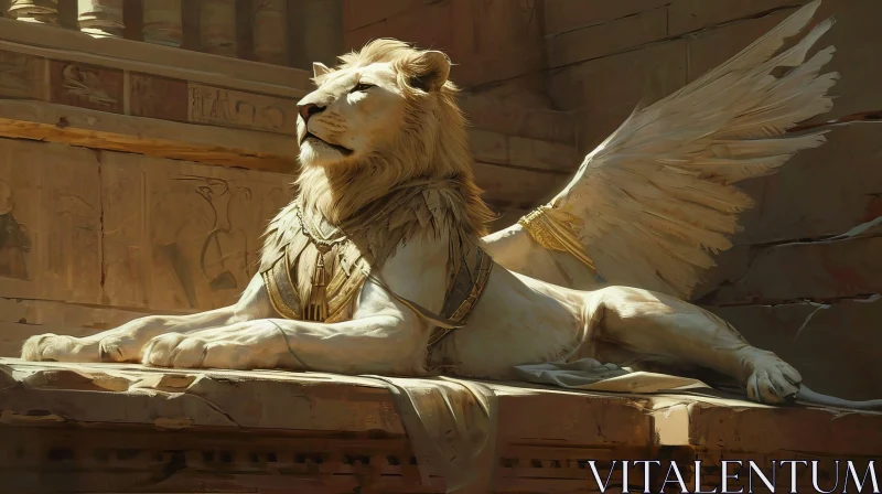 Majestic Winged Lion Digital Painting | Stone Platform | Golden Collar AI Image