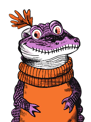 Purple Crocodile in Orange Sweater - Transparent Background