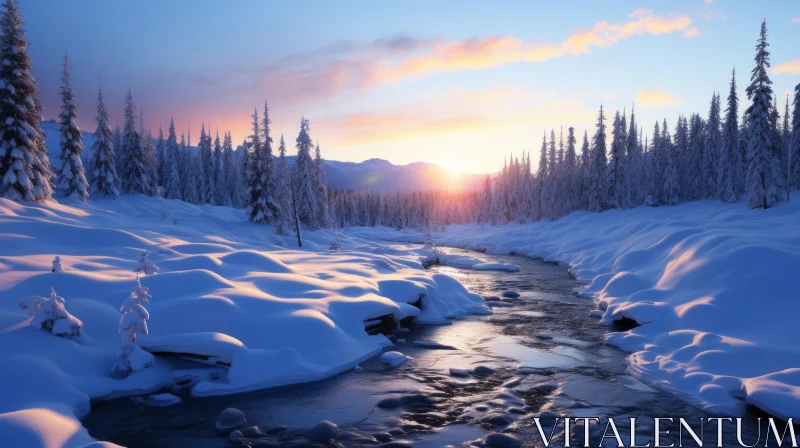 Serene Winter Stream Amidst Sunlit Snowy Forest AI Image