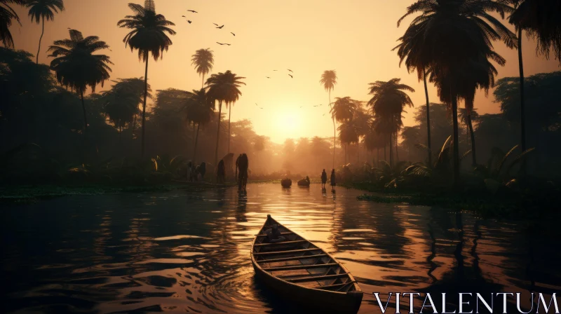 Tranquil Boat Ride: Serene Nature Scene with Palm Trees and Exotic Birds AI Image