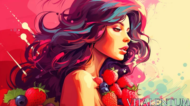 Vibrant Art Sketch of a Girl Holding Colorful Berries AI Image