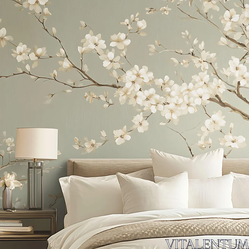 Modern Bedroom with White Flower Mural AI Image