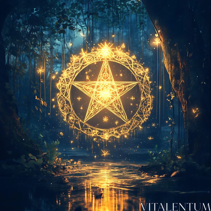 Mystical Pentagram in Dark Forest AI Image