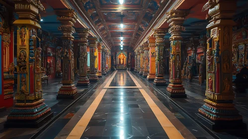 Temple Interior with Ornate Pillars