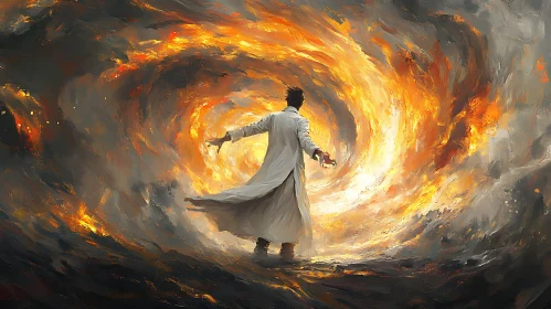 Man in White Coat Amidst Swirling Flames