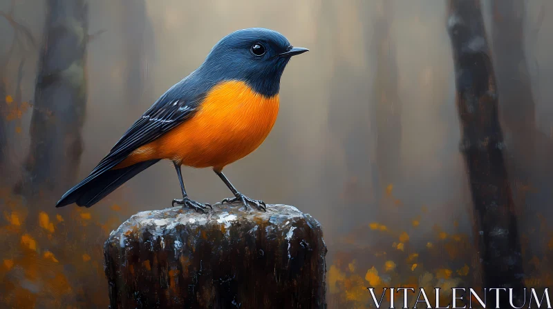 Bird Perched on Stump in Foggy Woods AI Image