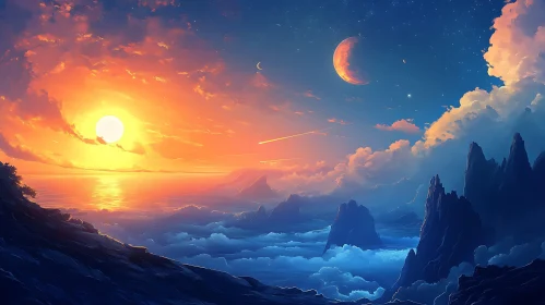 Celestial Harmony Sunset and Starry Night